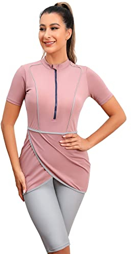 Odizli Burkini Damen Muslim Frauen Muslimische Bademode Modest Tankini Islamisch Arabisch Jilbab Kurzärm Schwimmoberteile+Schwimmhose+Hijab Khimar 3tlg Ganzkörper Neoprenanzug Schwimmanzug Rosa L