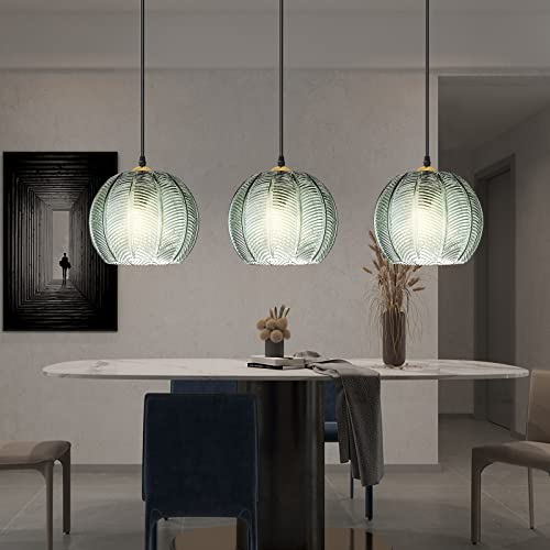 KOSHSH Suspension Luminaire Verre, 3 Pièces Suspension Luminaire Cuisine en Verre Vert Modernes, lumière Suspendue Vintage Verte, plafonnier Suspendu réglable pour Cuisine de Chevet, 25CM (3 Packs)
