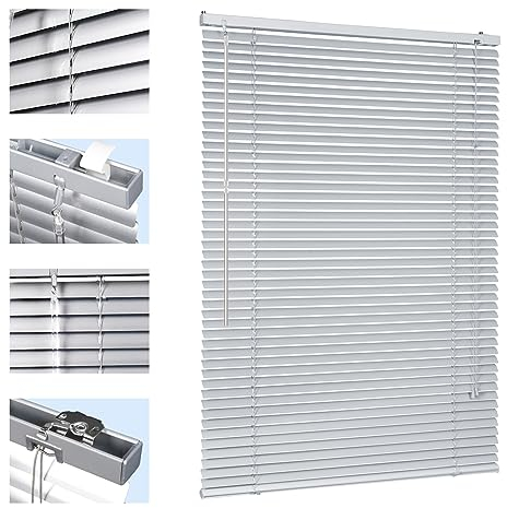 Sekey Klemmfix-Jalousie für Fenster freihängend, 25mm Alu-Lamellen, mit Bohren, inklusive Montagematerial Aluminium-Jalousie ohne Bohren, 100x220cm,Silber