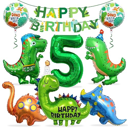 Dino Geburtstag Deko 5 Jahre, Folienballon Dinosaurier mit Happy Birthday Girlande, Dino Luftballons Geburtstag 5, Dinosaurier Ballon 5, Dinosaurier Luftballon Helium, für Kindergeburtstag Party