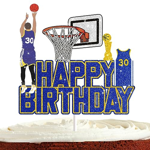 Basketball Cake Topper for Boy Man Birthday Golden Warrior Steph 30 Basketball Party Supplies Sports Cake Topper Glitter Blue Gold Basketball Star Cake Decorations