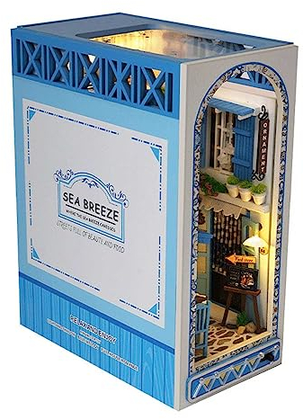 Wilitto Mini-Bücherhaus-Modell zum Selbermachen, Puppenhaus DIY Holzbuch Eckregal mit LED, Miniatur-Bausätze für Erwachsene und Teenager, Gebäude, Mini-Puppenhaus-Buchstützen, Regal-Dekoration,