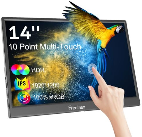 Portable Monitor Touchscreen, HDR, 400cd/m², 14 Inch 1920x1200 Display with HDMI USB C, IPS Screen, 100% sRGB, Kickstand & Built-in Speakers, External Monitor for Laptop PC Phone Mac Xbox