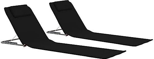 ZEYUAN Klappbare Strandmatte 2 STK. Stahl und Stoff Schwarz, Klappliege, Klappliegestuhl, Strand Matte, Rückenlehne, Freibad Liege, Liegematte, Strand Matratze