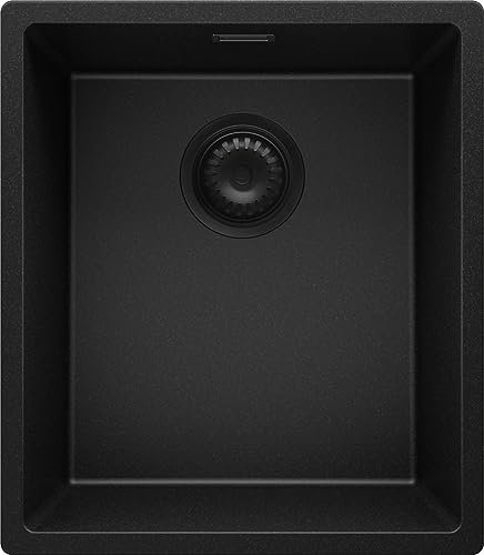 PRIMAGRAN Lavello da Cucina Tutto Nero 41x47cm, Lavandino in Granito a 1 vasca + Sifone Classico, Lavabo Incasso al mobile 45cm - London Slim S076
