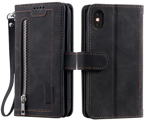 VEEMOS Handyhülle für iPhone X/XS hülle Klappbar Handytasche Schutzhülle Klapphülle mit Ständer Kartenfach Handy Tasche Book Flip Case Cover - Schwarz