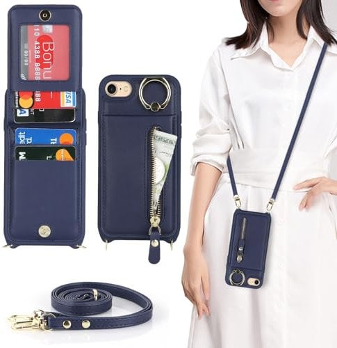 Zouzt for iPhone SE 2022/2020/3rd/2rd / iPhone 8/7 4.7 Inch Case with Cord and Card Holde, Zipper Wallet Case with Crossbody Lanyard Ring Adjustable Necklace Protective Cover Women - Blue