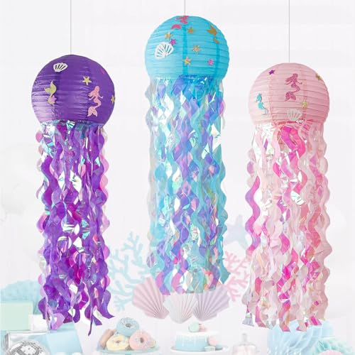 ZYOOO 3 Stück 30cm/12inch Meerjungfrau Geburtstag Deko Quallen Papier Laterne Lampions deko für Mädchen Ozean Geburtstagsdeko Unter Dem Meer Motto Party Hängende Dekorieren Sets