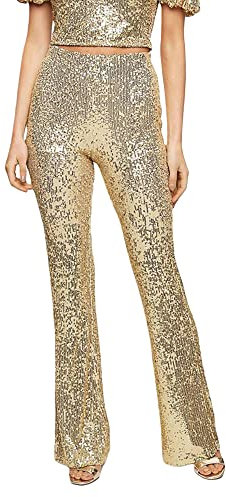 Miolasay Damenhose mit Pailletten, weites Bein, glänzend, locker, lässig, elastisch, hohe Taille, glitzernd, ausgestellte Hose für Clubwear, Streetwear, B-Golden, S