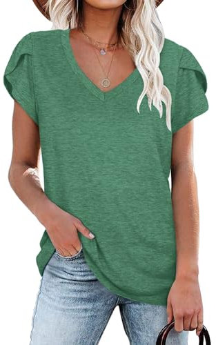 NARRAME Camisetas de Mujer para Verano, Camisetas de Manga Corta, Cuello en V para Mujer Liso Verde Oscuro Small S 34-36