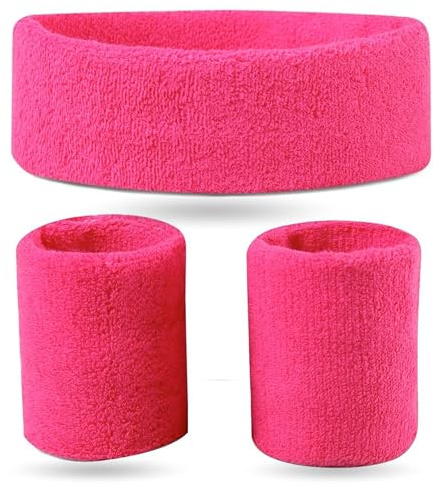 Schweißband & Stirnband Set pink - Vokuhila-Outfits & Retro der 80er und 90er - Accessoire für Fasching und Karneval (3X)