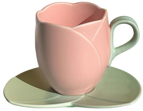 Tasse de thé à fleurs, tasse de tulipe avec soucoupe, 10 oz / 300 ml tasse de thé à fleurs en céramique avec poignée, tasse de café à fleurs de forme irrégulière, tasse de fleur pour le lave-vaissell