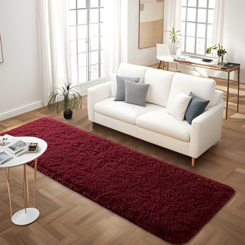 FALARK Weicher Läufer für Schlafzimmer, 60 x 122 cm, Plüsch, flauschig, moderner Teppich, für Wohnzimmer, Mädchen, Kinderzimmer, Heimdekoration, Weinrot