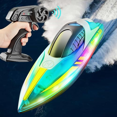 HOVCEH Bateau Télécommandé, 2,4 GHz 15km/h RC Bateau, Bateau de Course RC, Haute Vitesse RC Racing Boat avec Lumière Éblouissante et Avertissement de Batterie Faible pour Enfants et Adultes