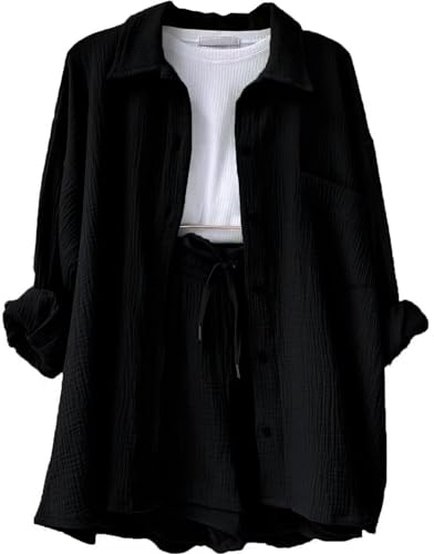 Yoga Outfit Damen Set Zweiteiler Sommer Lounge Kleidung Party Hausanzug Baumwolle 2 Teiliges Sportanzug (2-Black, L)