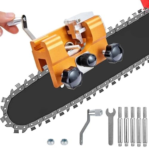 Kettensäge Schärfgerät mit 5 Schleifköpfen, Tragbar Handkurbeln Sägekettenschärfgerät Kettenschärfer Kit, Kettenschärfgerät für alle Arten von Kettensägen