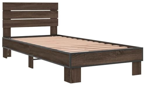 vidaXL Bettgestell, Einzelbett Bett mit Kopfteil, Bettrahmen mit Lattenrost, Schlafzimmerbett, Braun Eichen-Optik 90x200cm Holzwerkstoff Metall