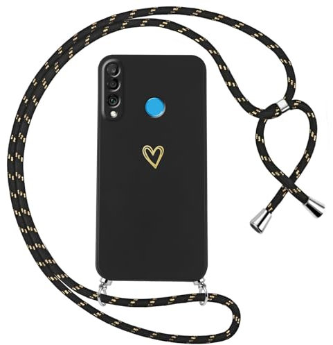 Oelrstfe Handyband für Huawei P30 Lite/Nova 4e Hülle mit Band Herz Motiv Handyhülle für zum Umhängen Silikon Stoßfest Ultra Dünn Weich Schutzhülle mit Kordel Necklace Kette Love Muster Case,Schwarz