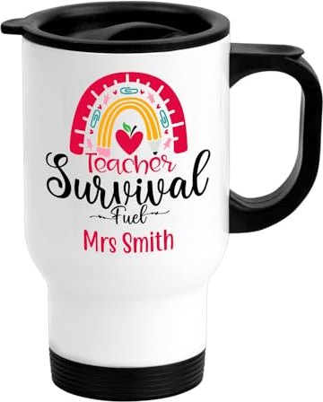Personalised Travel Mug - Teacher Survival Fuel - Stainless Steel 14oz - Tea Coffee Cup - Thermal-Lined - Thank you - Teacher Gifts - for Women - Gifts for Teacher from Students - Collage - School