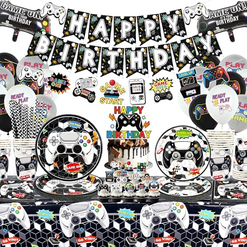 Video Game Birthday Supplies, Including HAPPY BIRTHDAY Banner, Plates, Cups, Hanging Swirl, Napkins, Tablecloth, for Boys Kids Birthday Gaming Party Decorations Serve 20 Guests