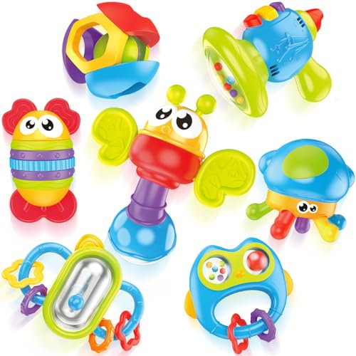 MOONTOY 7PCS Baby Rassel Beissring Set Baby Spielzeug ab 0 1 2 3 4 5 6 7 8 9 10 11 12 Monate Babyspielzeug 0-6 Monate Babyrassel BeißSpielzeug Zahnungshilfe Greifspielzeug Neugeborene Knisterspielzeug