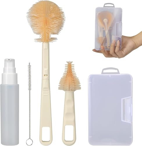 Baby Bottle Brush Set - Portable Travel Cleaner Kit With Nipple Brush, Straw Cleaner, Soap Dispenser - Silicone Bristles - White