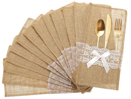 sourcing map 24Pcs Burlap Lace Utensil Holders, 4 x 8 Cutlery Pouch Silverware Holder Natural Jute Pouch Bag Burlap Napkin Bag for Table Setting Party Wedding Decoration