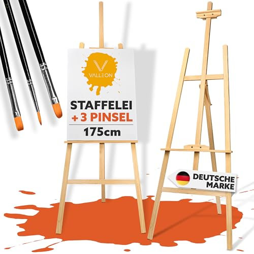 VALLEON® Staffelei Holz [175 cm] - flexibler Leinwand-Ständer (höhenverstellbar) zum Malen für Kinder und Erwachsene - Holzstaffelei für Leinwände bis 130 cm Diagonale [inkl. 3 Pinsel]