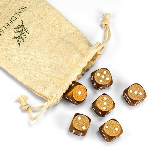 Waldfelsen 6, 12, 20, 30 oder 50 hochqualitative Holzwürfel aus echtem Buchenholz Augenwürfel Spielwürfel aus Holz in 16 mm Standardwürfel mit Stoffbeutel Würfelset (Bronze, 6 Stück)