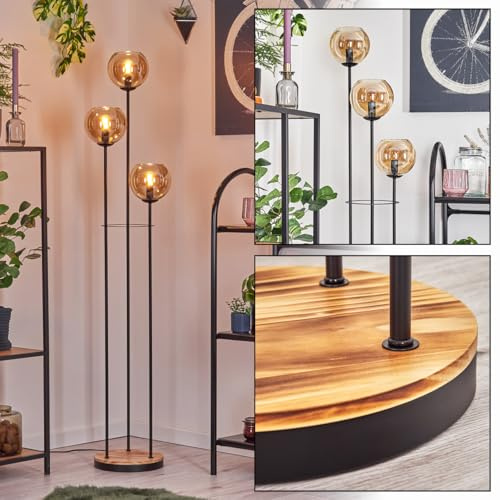 HOFSTEIN Stehleuchte Koyoto, Stehlampe aus Metall/Holz/Glas in Schwarz/Hellbraun/Bernstein, Leuchte im Retro/Vintage-Design (Ø 15 cm), Fußschalter, 148,5 cm, E14, Wohnzimmer, Schlafzimmer, Flur, Büro