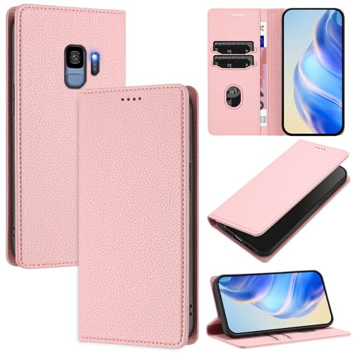 DENDICO Handyhülle für Samsung Galaxy S9 Hülle, PU Leder Klapphülle mit RFID-Blockierung, Stoßfeste Magnetische Schutzhülle für Samsung S9, Rosa