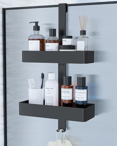 Kitsure Duschregal ohne Bohren - 2-stöckiges Duschablage Zum Hängen, rostfre Duschablage ohne Bohren, praktisches Duschregal für Shampoo, Handtuch & Abzieher, 29,1 x 11,2 x 5,1cm, Schwarz