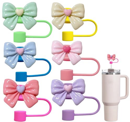 6 Pcs Straw Cover Reusable Food Grade Silicone Bow Straw Covers 10mm Dust-Proof Straw Topper Bow Ties Straw Covers for Stanley Cup Straw Toppers for Stanley Cups Straw Accessories (Colorscheme)