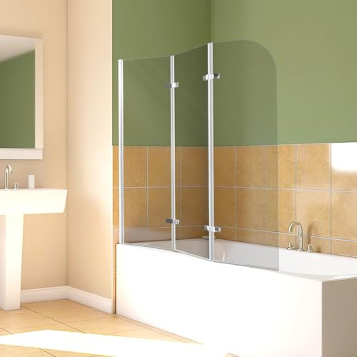 Hebitod 120x140cm Faltbare Duschwand für Badewanne, 3-teilige Glas Duschtrennwand aus 6mm Sicherheitsglas (EGS), Badewannenaufsatz, Silber Transparent