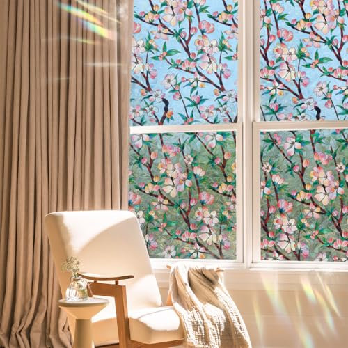 Runtoo Window Privacy Film Rainbow Pink Floral Window Clings 3D Decorative Vinyl Stained Glass Cherry Blossom Flower Branch Decals Static Sticker Non-Adhesive, 15.75 x 40 inches