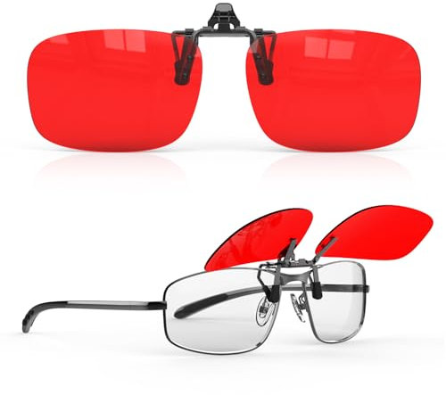 Goiteia Gafas clip-on contra la luz azul: bloquean la luz azul y verde, mejoran el sueño, alivian la fatiga ocular y los dolores de cabeza, gafas de luz roja para el uso de pantallas.