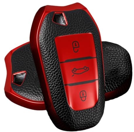 ATFIGII Coque de clé de Voiture pour 208 308 508 3008 5008 Porte clé Compatible avec Citroen C4 Picasso DS3 C3 Protège clé TPU Keyless 3 Boutons Rouge-Cuirtextur