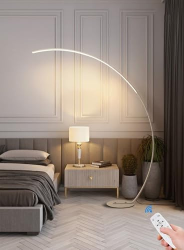 AstrizLamp LED Stehleuchte Wohnzimmer Modern Bogen Lampe Dimmbar mit Fernbedienung Innen Stehlampe Deko Weiß Aluminium Bogenleuchte Acryl-Lampenschirm für Schlafzimmer Leselampe Sofa Büro H 170cm