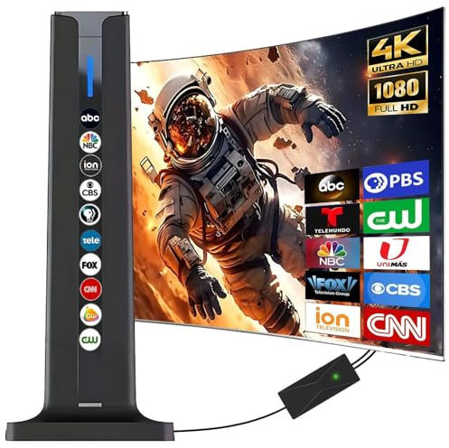 Antenne TV Intérieur Puissante, YiYunTE 580+km Antenne TNT Intérieur avec Câble Coaxial de 5m/Amplificateur de Signal/Base Magnétique, 4K 1080P Antenne HDTV intérieur pour Chaînes Locales