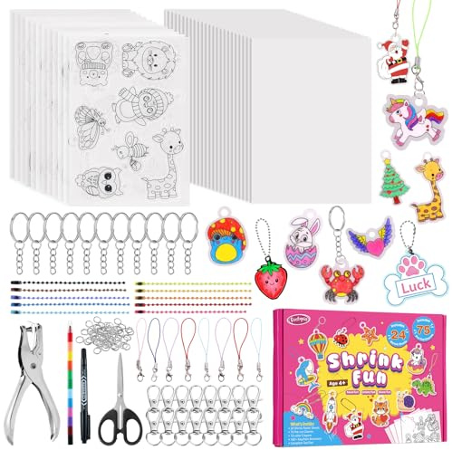 Funtopia 201 Stück Schrumpffolie, Schrumpffolie Set Schlüsselanhänger | mit 12 vorgestanzten Platten (75 Motive) & 24 Blanko-Folien, Locher & Zubehör, Kreatives Basteln für Kinder & Erwachsene