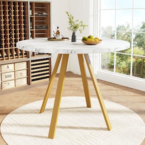 HaoChrymec Table À Manger Ronde en MDF avec Pieds Métalliques, Table De Cuisine Extensible, Design Marmoré Blanc avec Pieds Dorés, Idéale pour 4 Personnes, 80 x 80 x 75 cm
