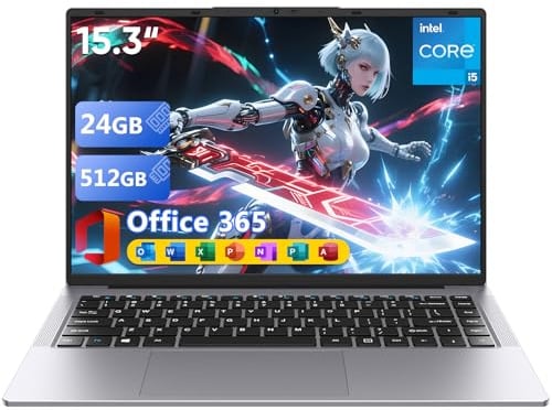 Brhona Ordinateur Portable15,3 Core i5 (Jusqu'à 3,6 GHz),Win 11 pro24 Go RAM/512 Go SSD, PC Portable, Écran 1920x1200 100% sRGB avec HDMI et USB-A, Autonomie Prolongée, Office Suite Inclus