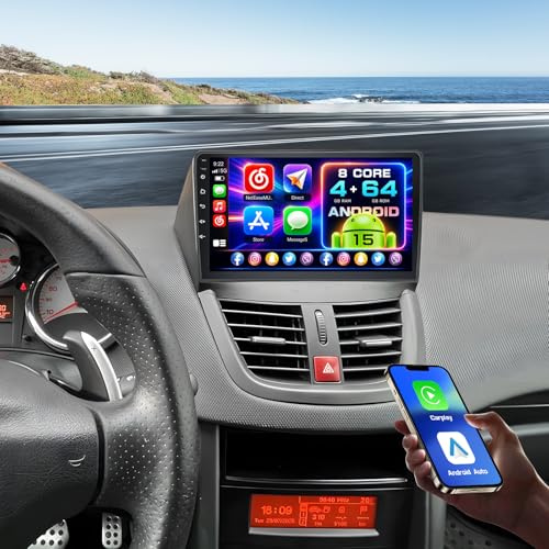 8 Core 4+64G Android Radio Coche para Peugeot 207 2006-2015 Carplay Inalámbrica Android Auto 9 Pouces Pantalla Coche Autoradio 2 DIN Bluetooth GPS WiFi DSP RDS USB Cámara Trasera