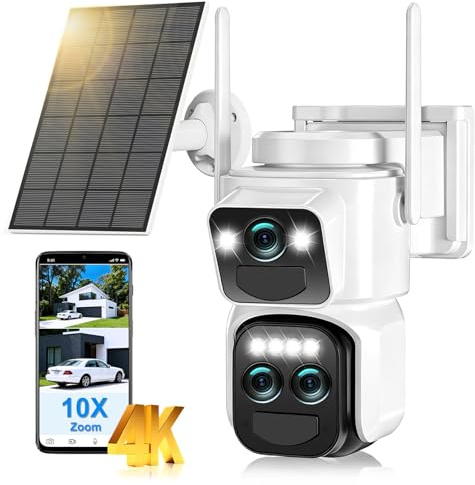10X Telecamera Wi-Fi Esterno,4K Triple Obiettivo Telecamera WiFi Senza Fili con Pannello Solare,Videocamera Sorveglianza WiFi,360°PTZ,Visione Notturna a Colori,Rilevamento Umano PIR,IP66,2,4Ghz