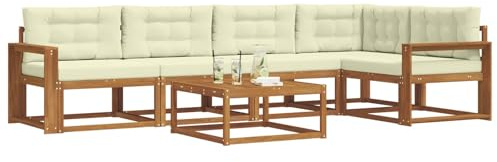 vidaXL Outdoor-Sofagarnitur mit Kissen 6 pcs Natur und Creme, Gartenmöbelset, modernes Patiosofa, Robustes modulares Lounge-Set, Outdoor-Sitzgelegenheit für Garten, Poolbereich, Akazienholz