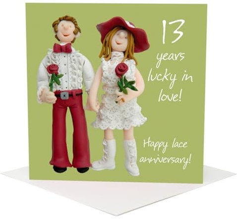 Holy Mackerel thirteen years together lace 13th wedding anniversary card for a couple - designed by artist Erica Sturla - 15cm square and blank inside for your message - made in the UK