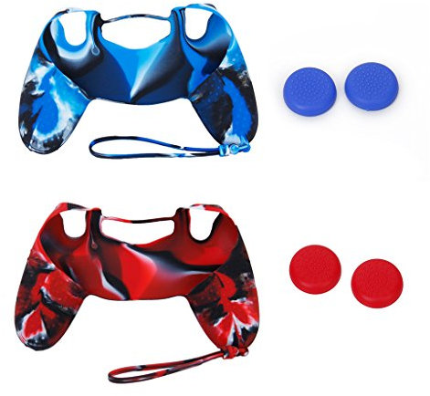 Generic 2 x Silicone Case Cover + 2 Pairs of Replacement Joystick Thumbstick Caps for PlayStation 4 PS4 Controller