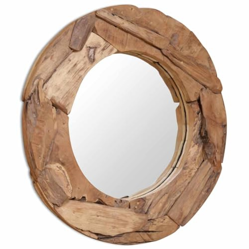 vidaXL Teak Dekorativer Spiegel Handgefertigt mit Aufhängehaken Holzspiegel Wandspiegel Flurspiegel Dekospiegel Hängespiegel 80cm Rund