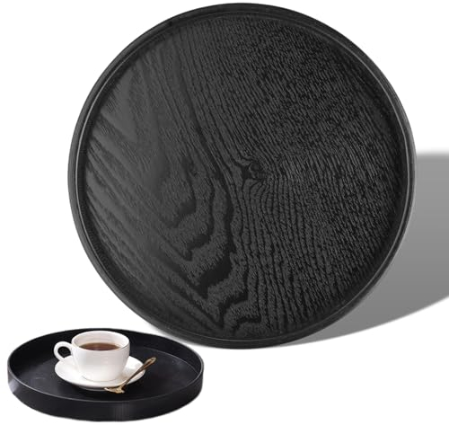 Vassoio da Portata Vassoio Nero Rotondo Legno Tè Caffè Spuntino Pasto Ristorante Vassoio in Legno in Stile Giapponese 24cm
