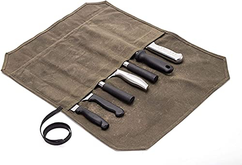 QEES Chef's Knife Roll Bag with 7 Slots, Waxed Canvas Chefs Knife Case, Tool Roll Bag, Blade Storage Case, Khaki (Khaki)